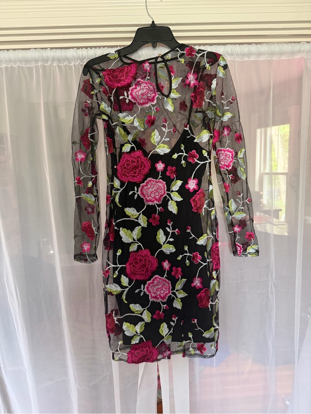 bebe Black Sheer Mesh Dress with Fuchsia Floral Embroidery - Picture 3 of 4